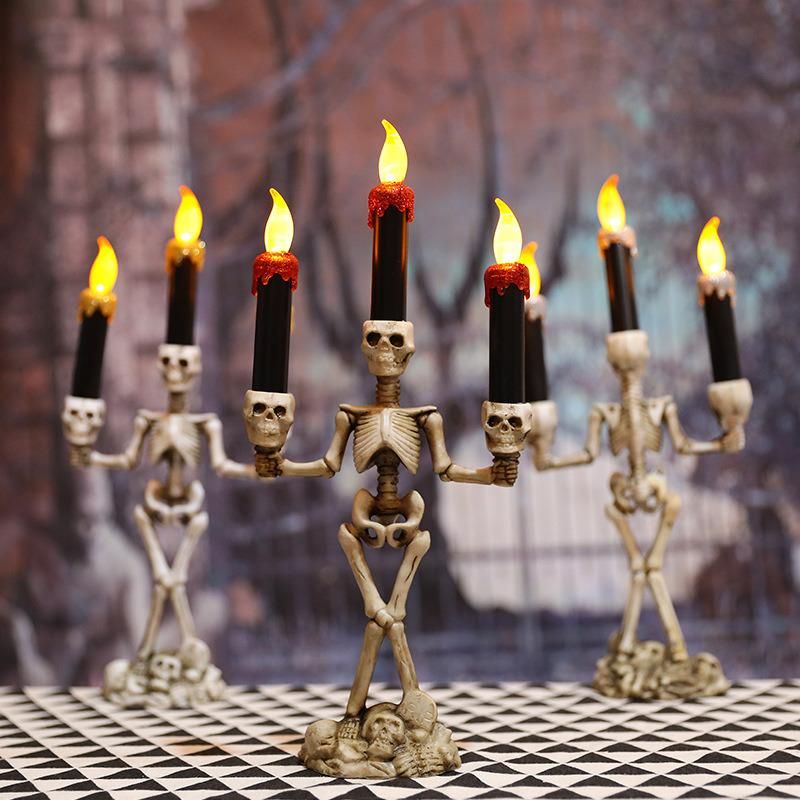 Halloween 3 Candles Holder Candelabra Skull Skeleton Table Candlestick Home Decoration LED Candles