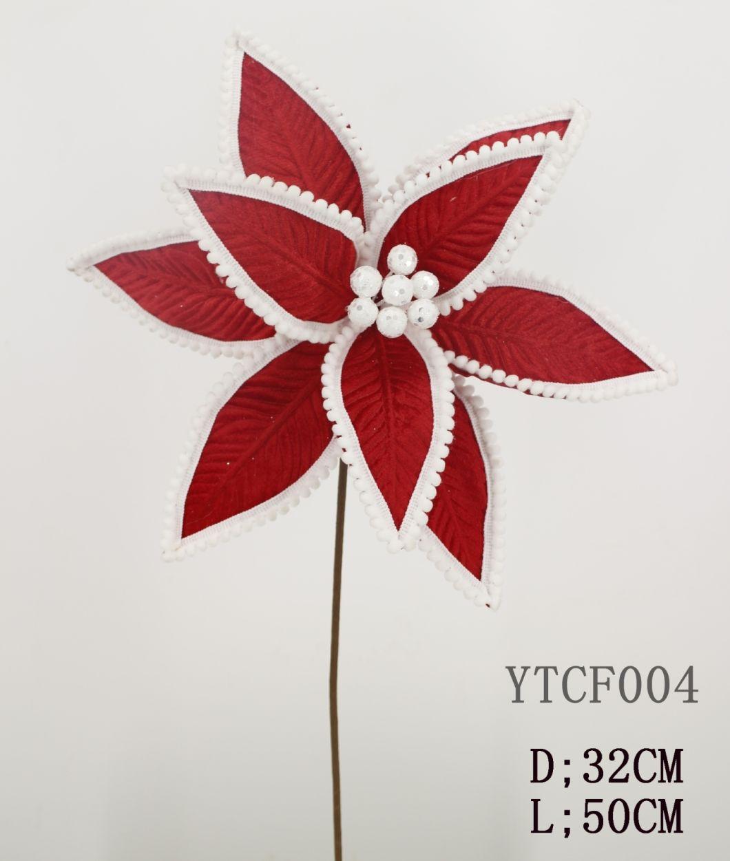 Ytcf013 Hot Selling Velvet Red Poinsettia Flowers Christmas Florals