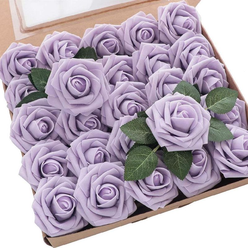 Amazon Artificial Flowers 25PCS Real Looking Burgundy Foam Fake Roses with Stems for DIY Wedding Bouquets Red Bridal Shower Centerpieces Party Decorations