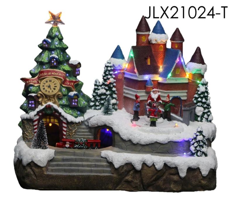 New Design Christmas Village House with LED Lights with Water Wheel Spin and Three Person Roller Skates with Music