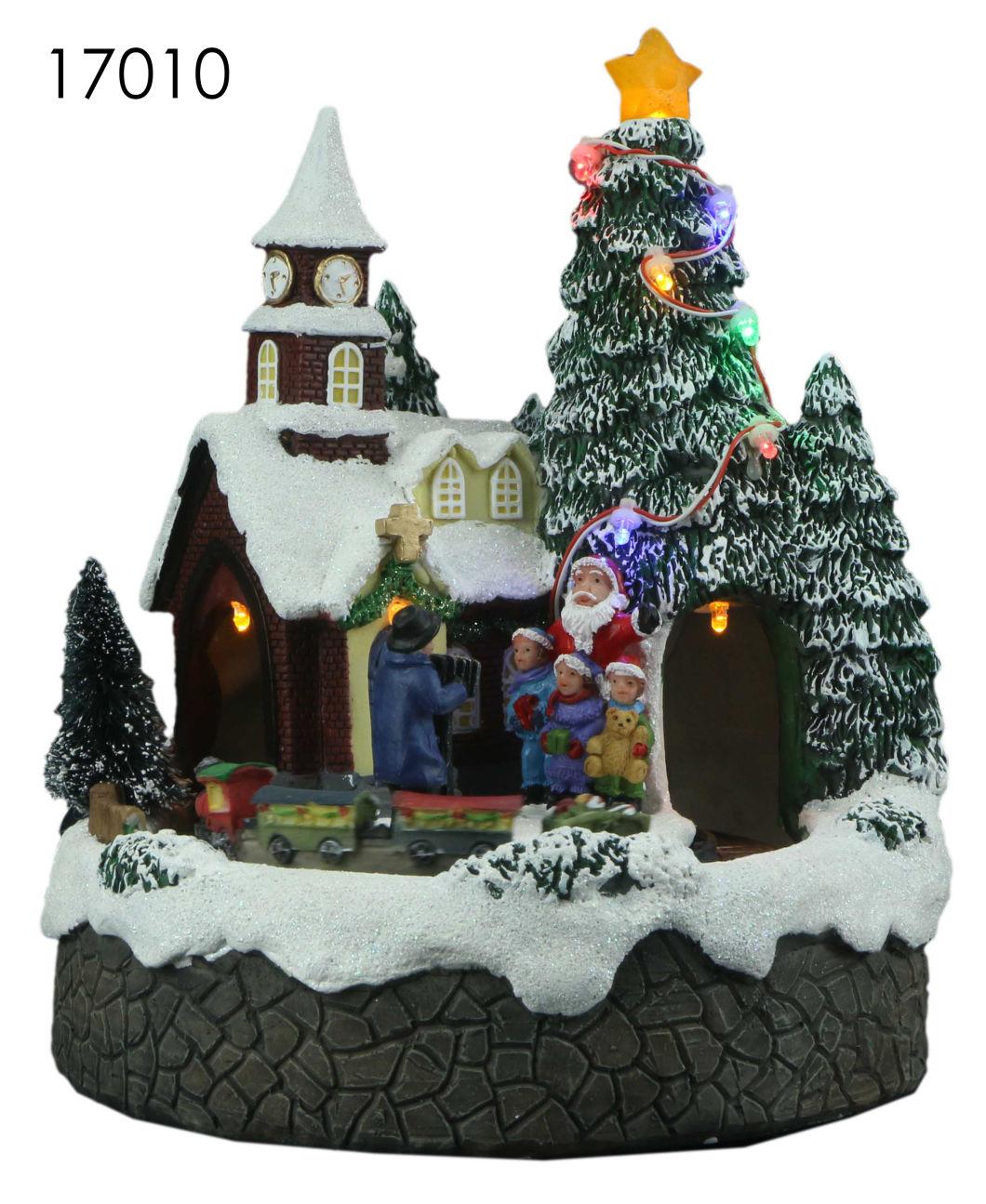 New Arrival Christmas Village House with LED Lights with Running Water Wheel with Snowman Rotation Function with Music