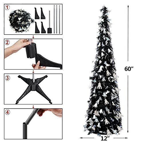 5FT Pop up Tinsel Christmas Slim Black Trees W/Shiny Ghost, Collapsible Artificial Pencil Halloween Tree with Plastic Stand Decoration