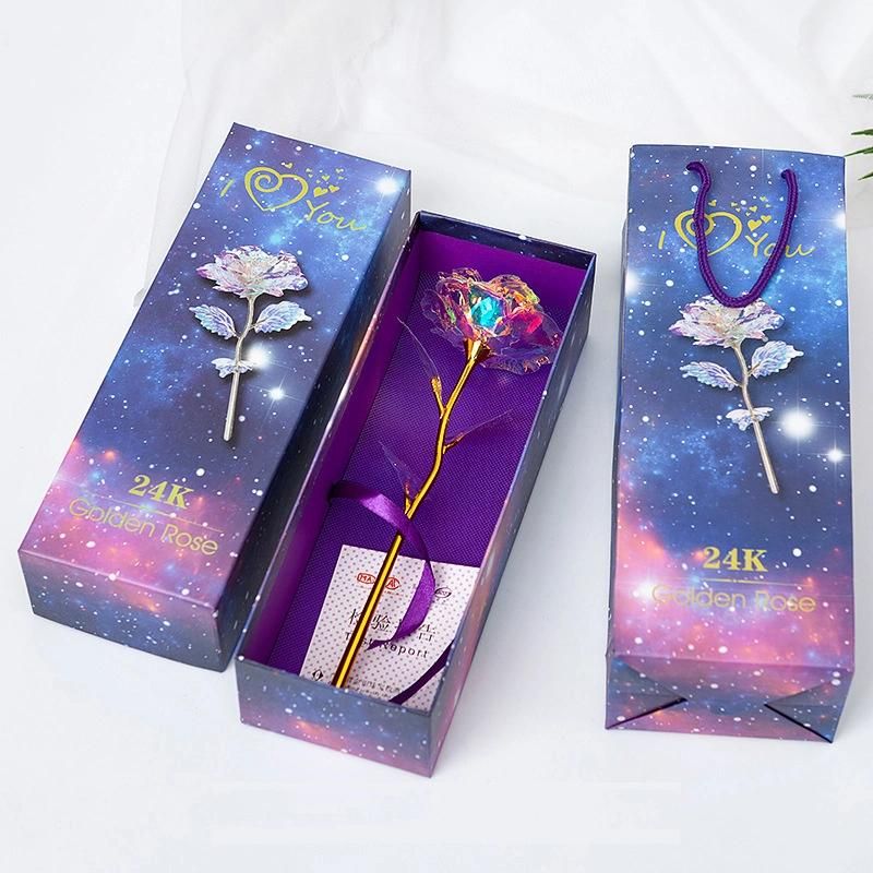 Valentine′s Day Rainbow Galaxy Artificial Crystal Rose Starry Sky 24 Gold Plated Rose Gold Foil Rose Flowers Valentines Day Gift