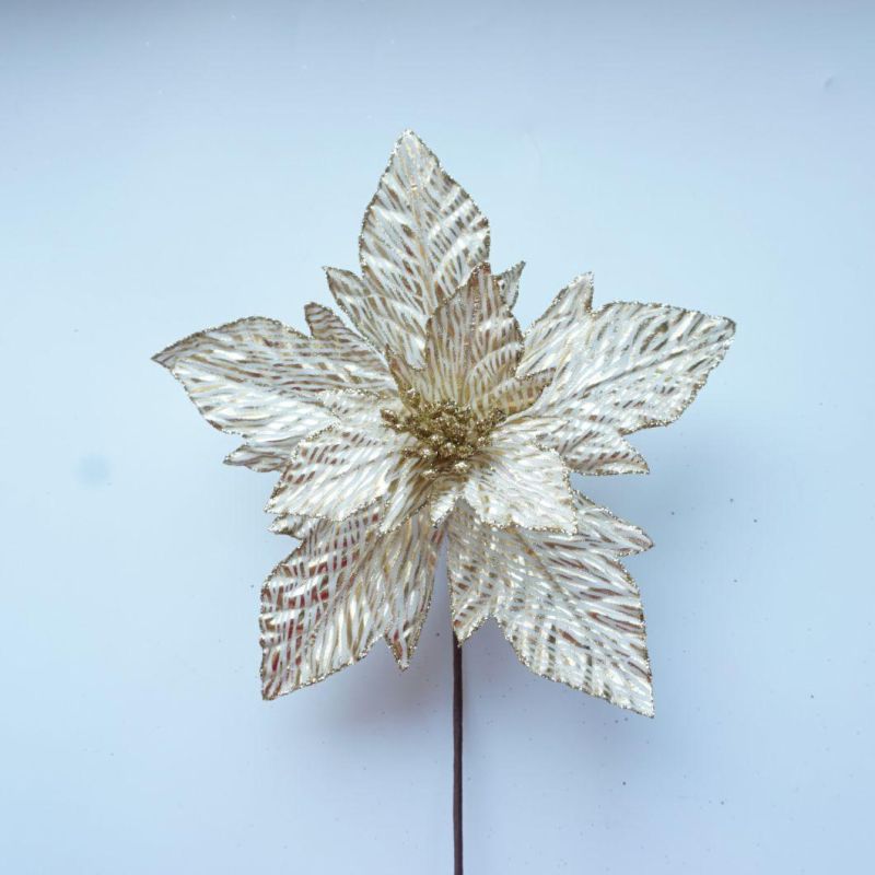 Gold Poinsettia Flowers for Christmas Tree Bronzing Flannelette Gauze Glitter Flowers