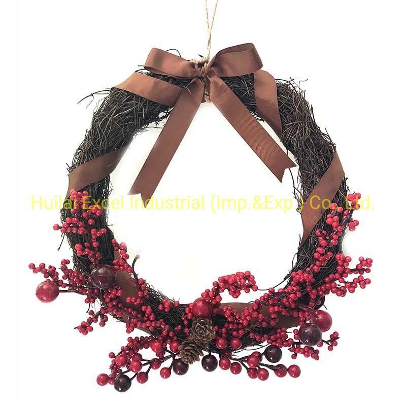 Artificial Wreath Rattan Red Berry Christmas Garland Circle Wreath Decoration