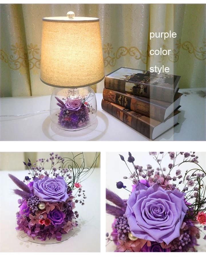 Decorative Arrangements Preserved Flowers in Glass Desk Lamp as Gift