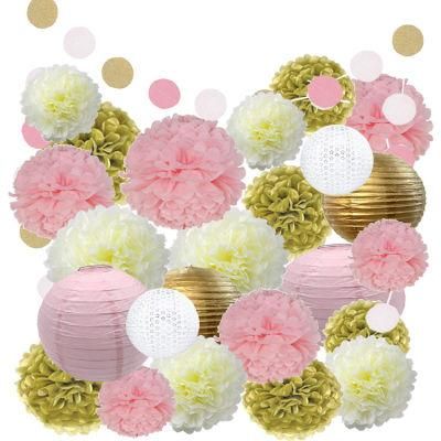 26PCS Hanging Tissue Flowers POM Gold Pink Ivory Paper Hollow Lantern Party Favors Decorations Sets