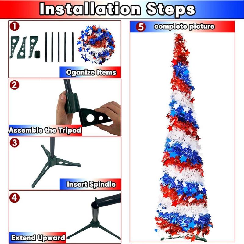 Red White Blue Tinsel Tree for Independence Day Decoration, Pop up Pencil Tree, Collapsible Christmas Tree for Indoor Outdoor Home Party Supplies