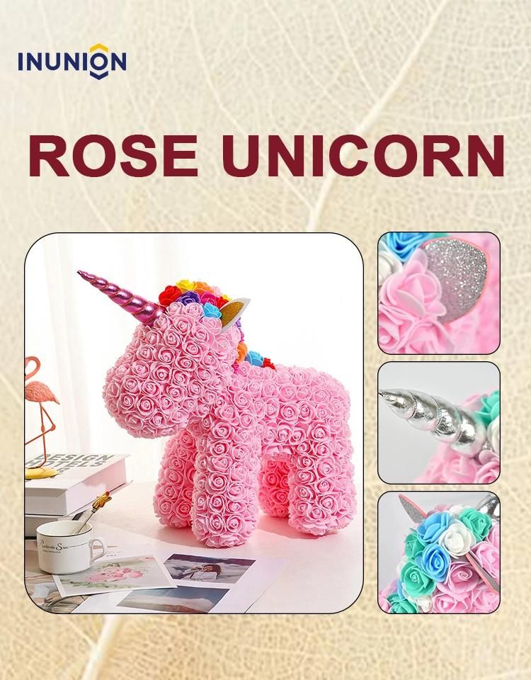 Inunion 40cm PE Foam Rose Bear Artificial Flower Eternal Rose Unicorn with PVC Gift Box