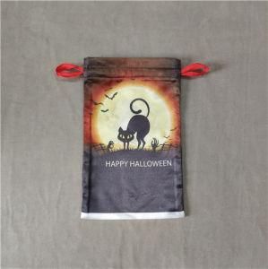 White Moon and Scary Cat Printing Polyester Satin Halloween Gift Candy Bag