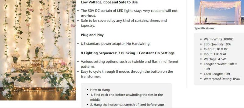 Christmas Ornament 306 LED Curtain Lights for Bedroom Wall Window Hanging Fairy String Lights for Wedding Backdrop Patio Birthday Party, Plug in Indoor Outdoor