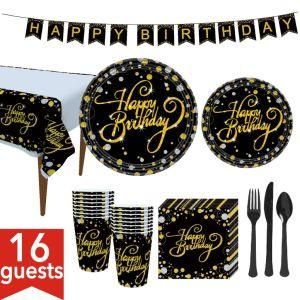 Black Gold 16 Guests Disposable Tableware Napkins Plates Tablecover