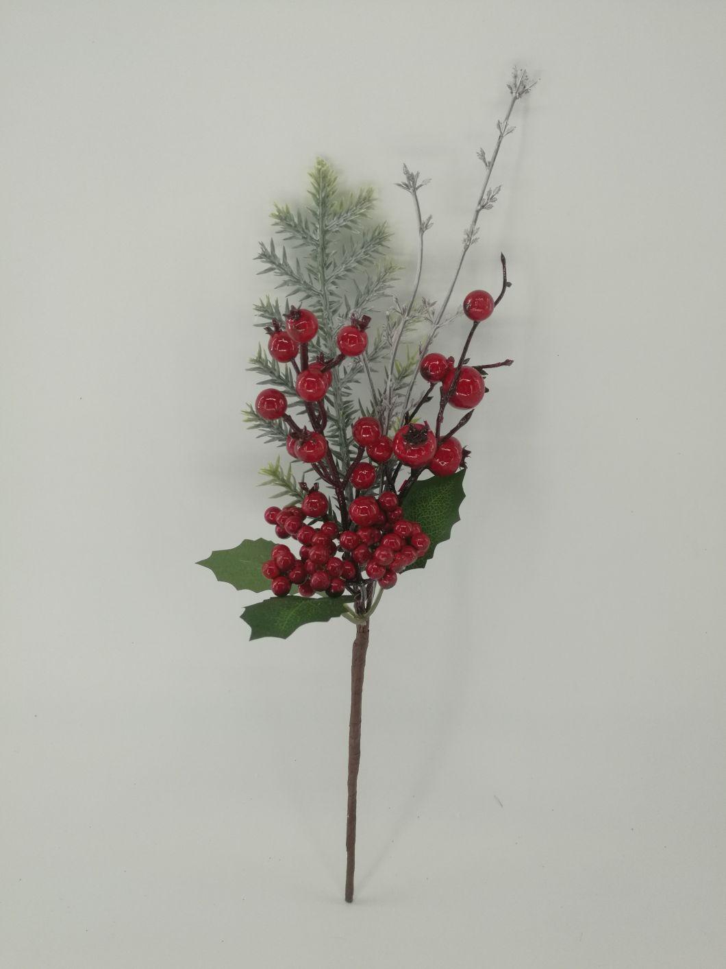 High Quality Artificial Christmas Glitters Pine and Berry Fruits Branch Red Berries Picks for Xmas Decoration