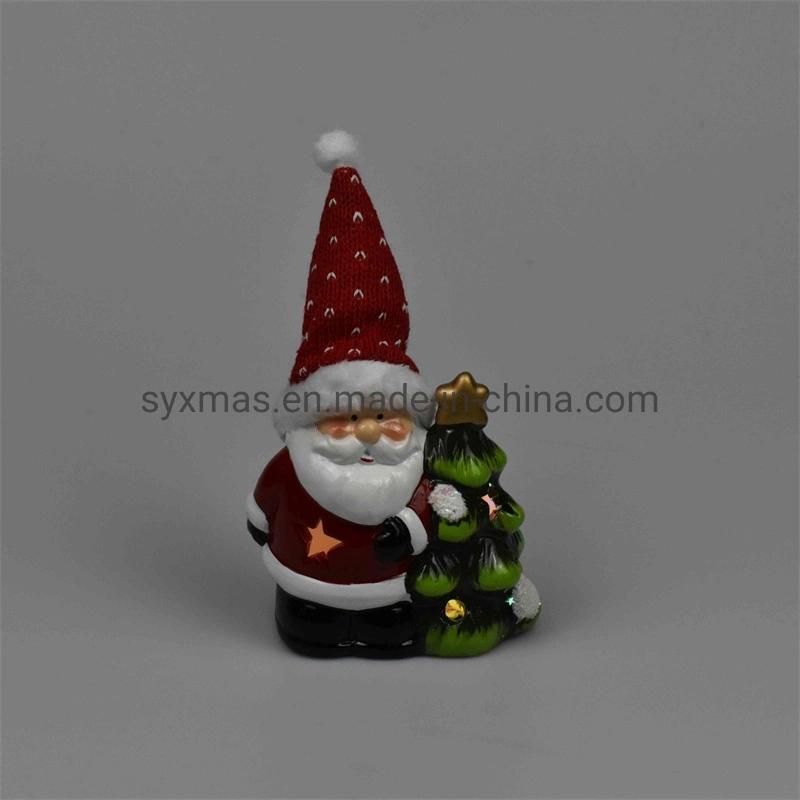 High Quality New Design Christmas Ceramic Waving Santa Decorative Xmas Ceramic Ornaments LED Lighted Ceramic Figures