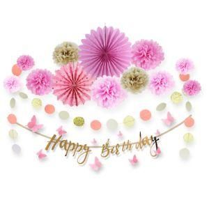 Umiss Birthday Banner Rose Gold Party Decoration Kit Tissue POM Poms Paper Fans Circle Garlands