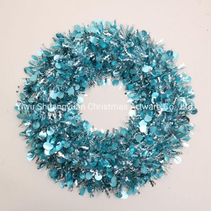 Promotional Lake Blue Pet Tinsel Window Wreath for Chrismtmas Decoration
