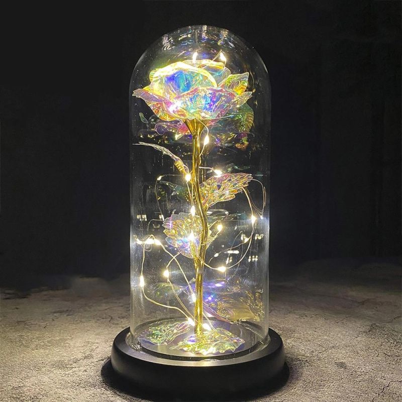 3 Leaves Beauty Beast Rose in Glass Dome Wooden Base Valentine′s Gifts LED Rose Lamps Christmas Galaxy Rose Glass Dome