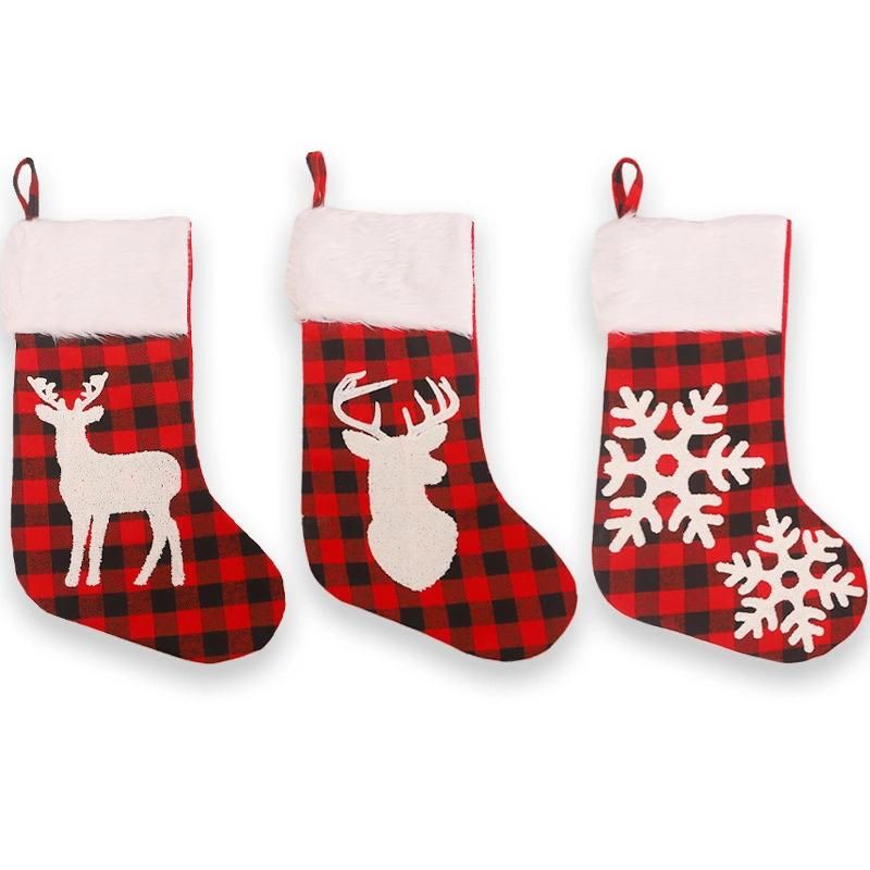 New Cross-Border Christmas Decorations White Fur Collar Jacquard Embroidery Plaid Christmas Stockings Christmas Tree Decorations Hanging Ornaments