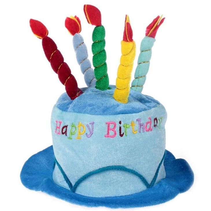Happy Birthday Plush Cake Hats with Candles Pink or Blue Novelty Party Hat