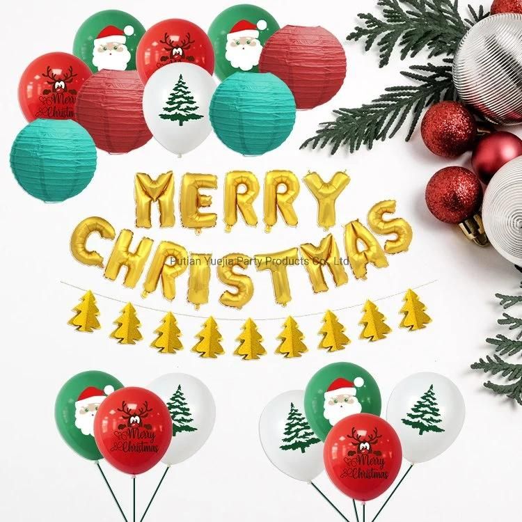 Merry Christmas Banner 3D Tree Garland Bunting Paper Lantern Foil Latex Balloon Decoration Set Party Supplies