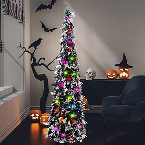 5FT Pop up Tinsel Christmas Slim Black Trees W/Shiny Ghost, Collapsible Artificial Pencil Halloween Tree with Plastic Stand Decoration