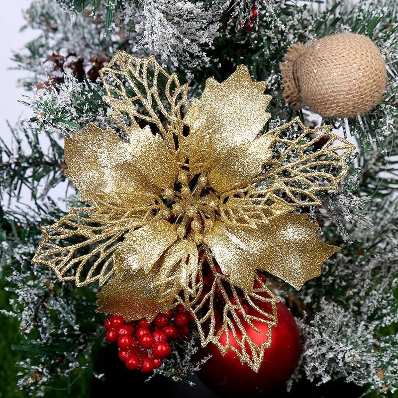 Glitter Artificial Poinsettia Flowers Christmas Wreath Christmas Tree Flowers Ornaments