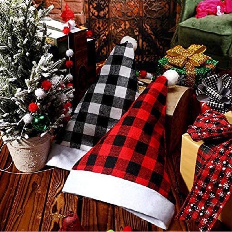 12 Pieces Christmas Santa Hat Xmas Non Woven Fabric Hat Santa Plaid Cap for Xmas Holiday Party (Red Black and Black White)