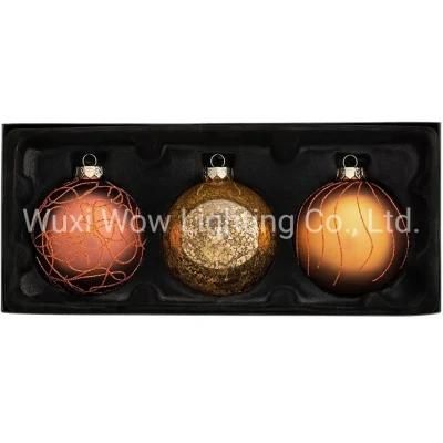 Glass Christmas Tree Traditional Baubles Jewelled Pack Set of 3 10 Cm - Copper