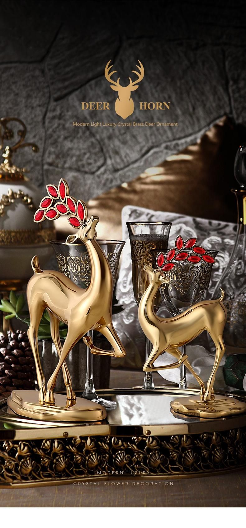 Home Contemporary Modern Brass Carving Decoration Ornaments Statue Deer Decor for Living Room