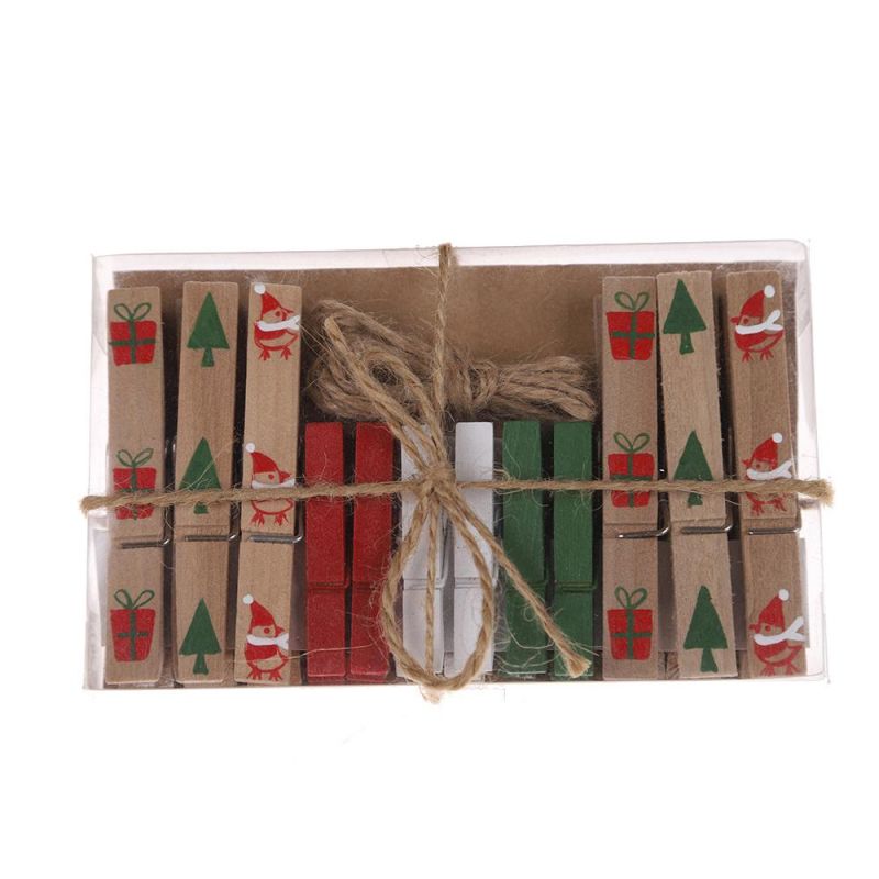 2021 Christmas Wooden Pegs Paper Photo Clip with Linen String