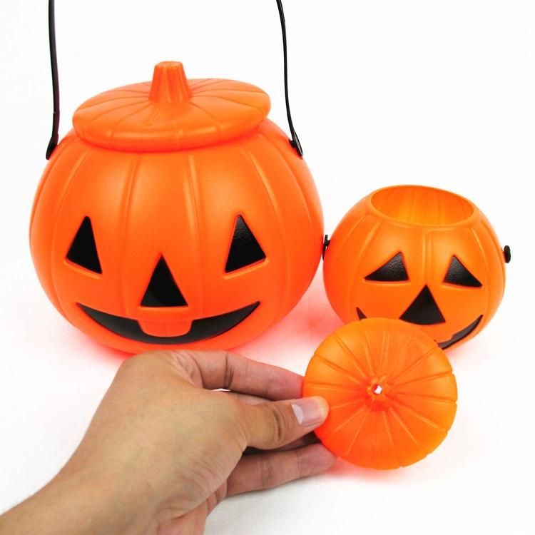 Halloween Glowing Decorative Plastic Portable Jack-O-Lantern Candy Jar for Children′s Performance Props with Lid Pumpkin Bucket