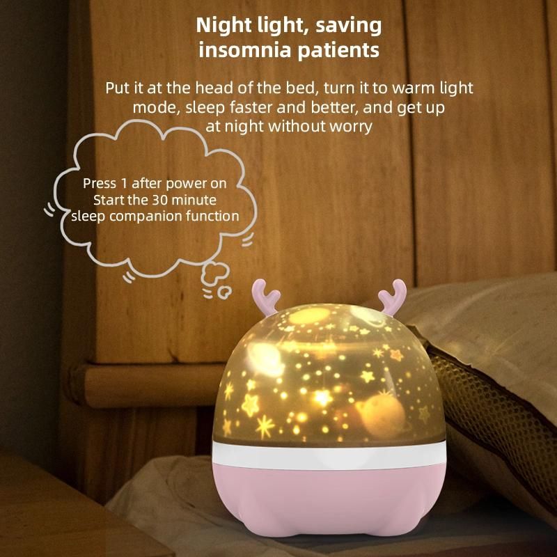Beauty Tricolor Cute Deer Shape USB Recharging LED Lamp Room Decoration Christmas Gift with 6 Kingds Projection