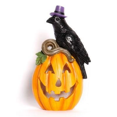 Halloween Decoration Crafts Wholesale Resin Crow Halloween Pumpkin Decoration with LED Light