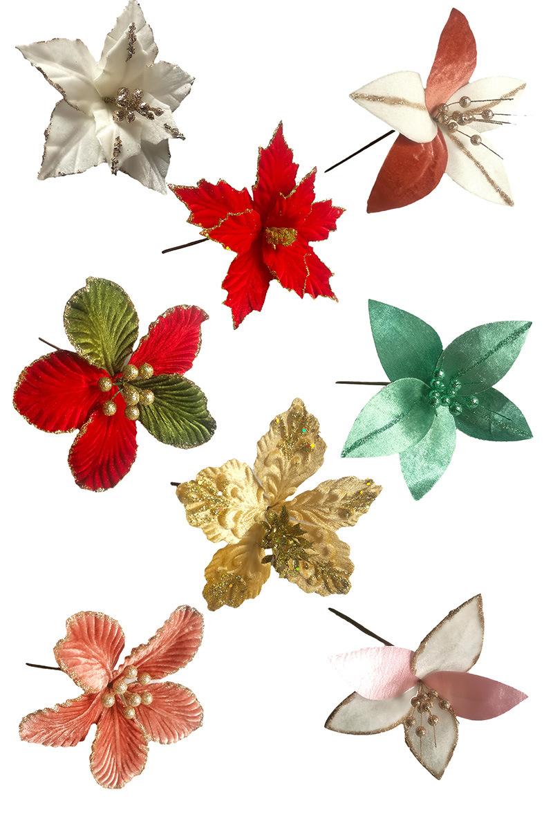 Professional Poinsettia Artificial Flowers Stem Christmas Floral Picks Wholesale