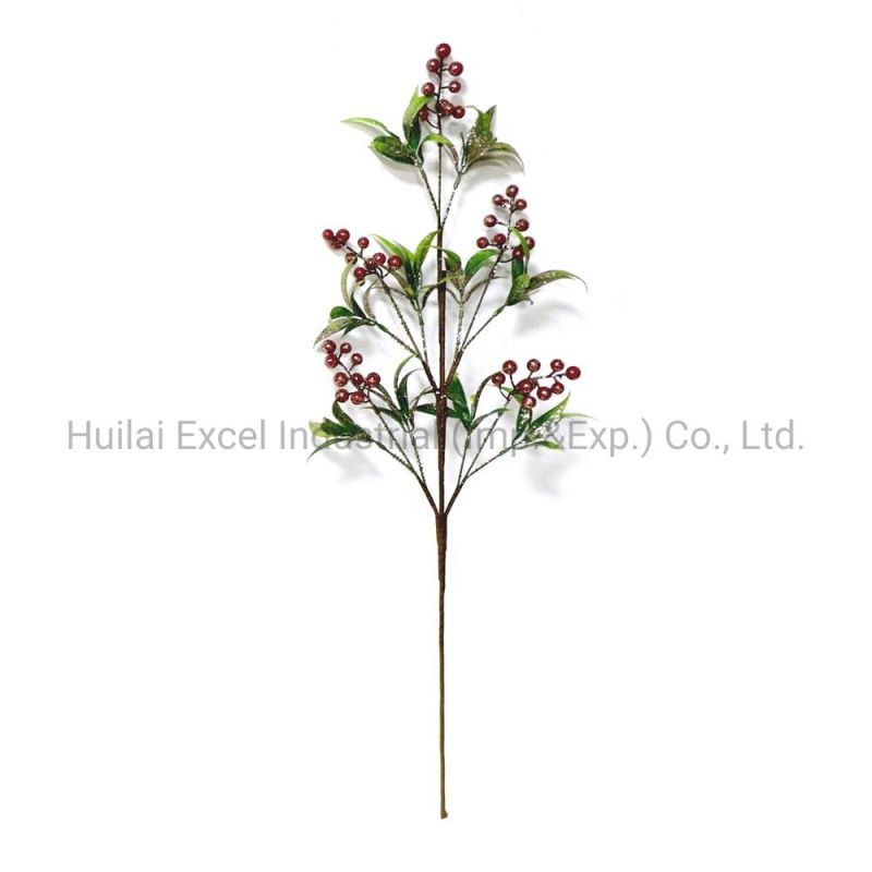 Christmas Floral Picks Red Berry Branches Green Leaves Spray Glitter