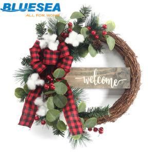 Plaid Cotton Welcome Wooden Sign Garland Christmas Ornament Pendant Door Hanger