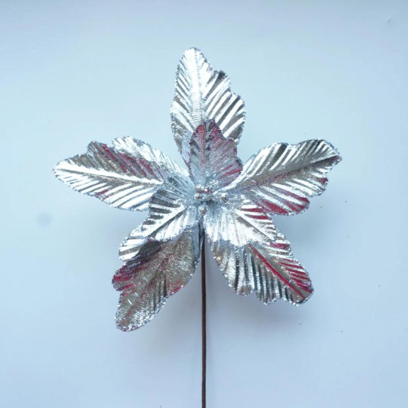 Silver Poinsettia Flowers for Christmas Tree Decoration Glitter Flowers