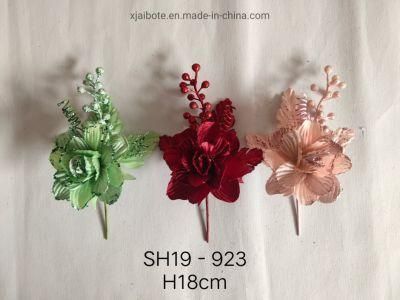 Glitter Xmas Poinsettia Flowers Stem with Glitter Hollow Petals Christmas Ornaments Wholesale