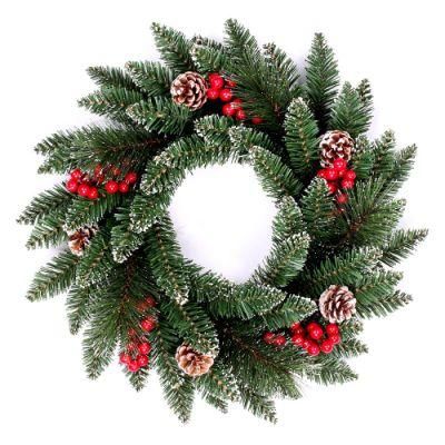 Yh1919 Snow Tips Green White Pine Cone and Red Berry Christmas Wreath