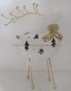 Ceramic Decoration Deer with Hollow Gold Color Scarf and Metal Legs for Christmas