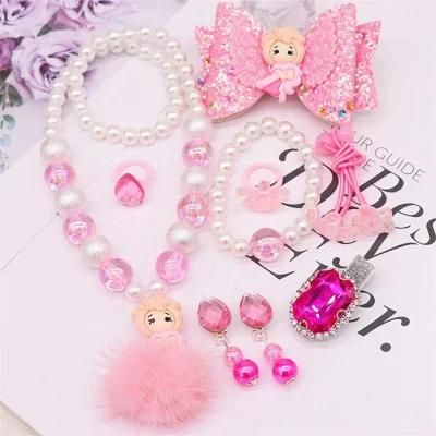 Glitter Hair Clip Resin Princess Pearl Bracelet Necklace Lovely Children Jewelry Gift Sets for Girls