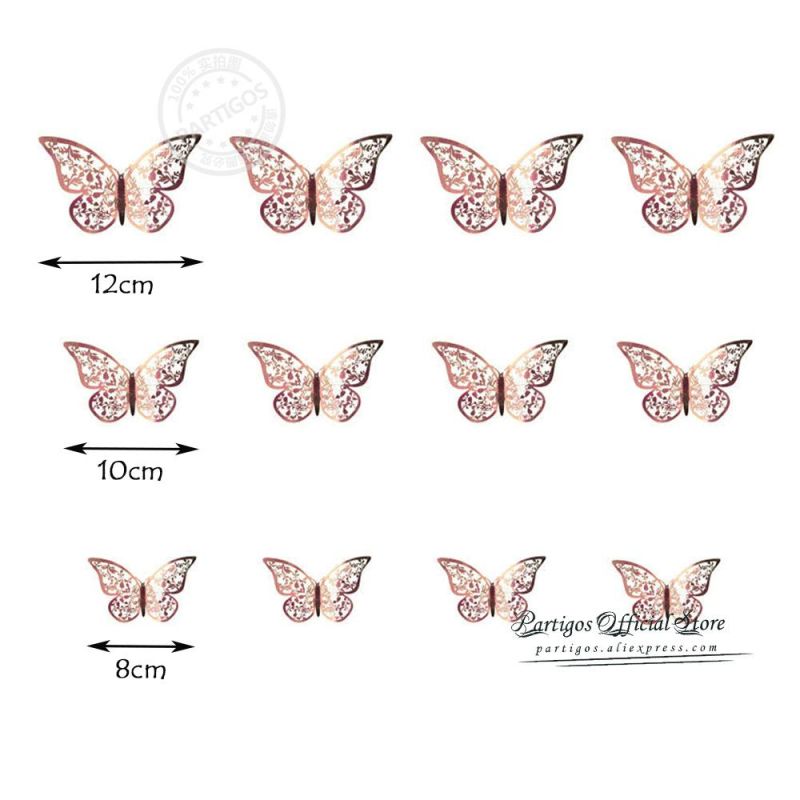 12PCS Wall Stickers Hollow Rose Gold/Golden/Silver Butterfly Wall Stickers