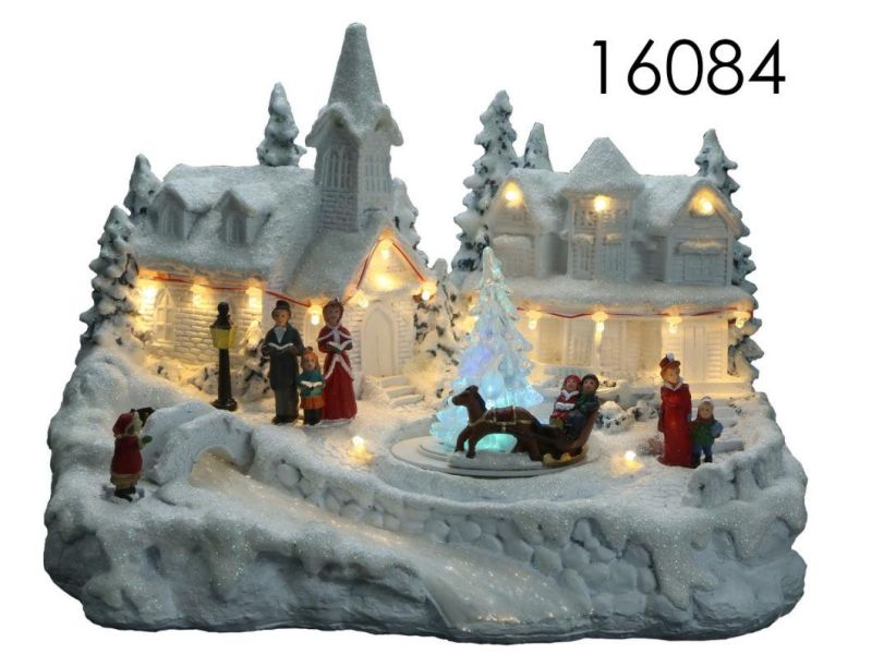 Christmas Village with Flying Deer LED Scene and Children Around The Tree Rotatio for Christmas Gifts House Decorations for Kids