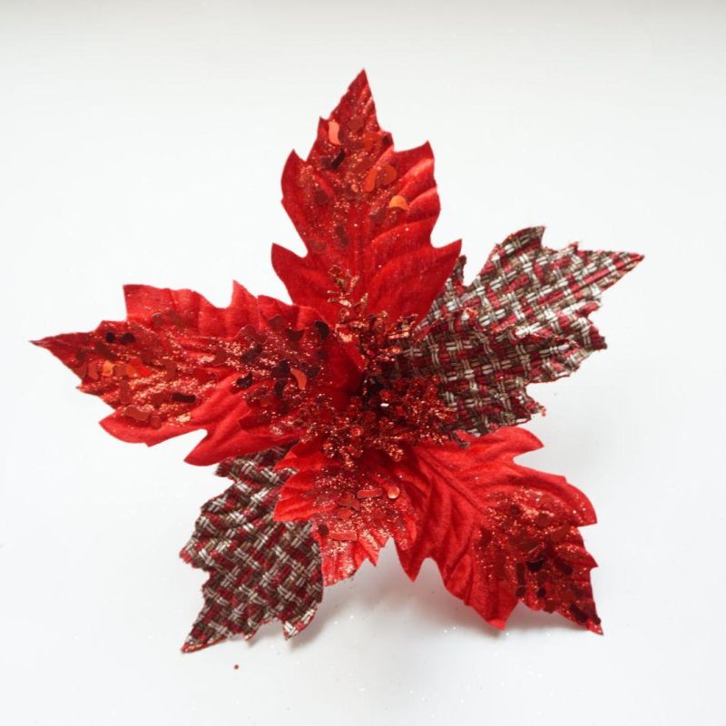 Cheap Artificial Glitter Red Christmas Flower Wholesale Poinsettia