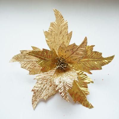 Golden Poinsettia Flowers with Glitter and Sequins Artificial Floral