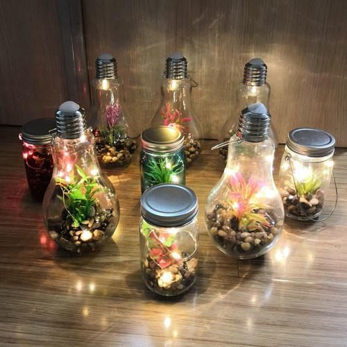 Lp3052 Garden Glass Light with Microlandscape, Decorated with Pebbles and Plants in Yellow Light