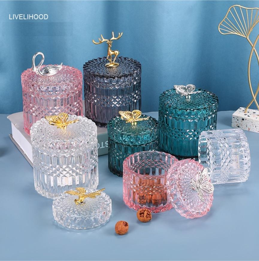 Empty Diamond Cutting Thick Hand Made Glass Multi-Colored Holder Candle Jar with Lid