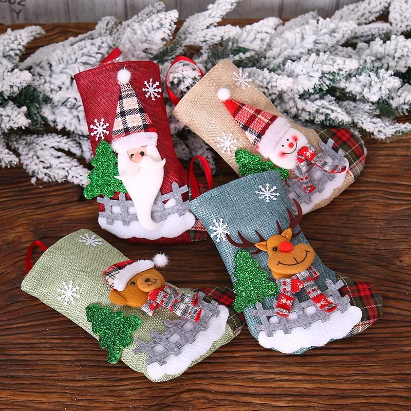 Christmas Decorations Santa Claus Socks Plaid Dolls Linen Socks Christmas Tree Pendant Display a Christmas Gift Bag