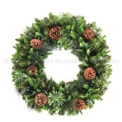 Artificial Pine Needle PE Mixed PVC Christmas Wreath with Pinecones