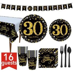 Black Gold 30 Years Old Birthday Party Set Decoration for 16 Guests